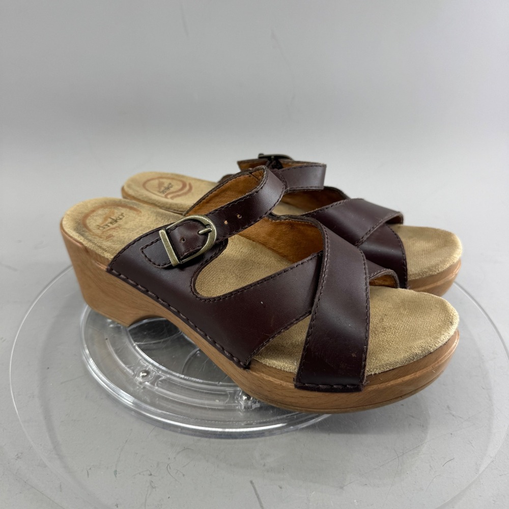Dansko Womens Leather Wedge Slide Sandals Brown Adjustable Buckle Size 37 7